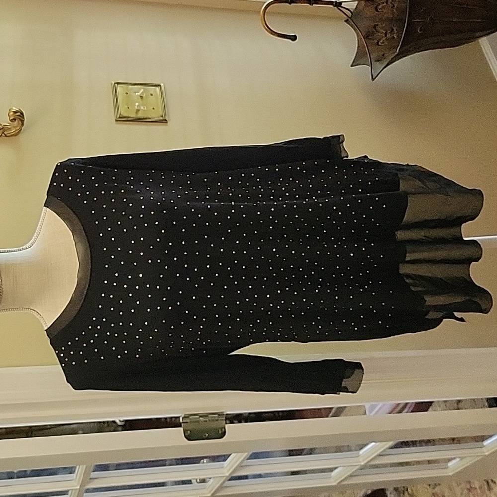 Belldini black top with gold faceted beads stretch sheer hem 3/4 sleeve L EUC …